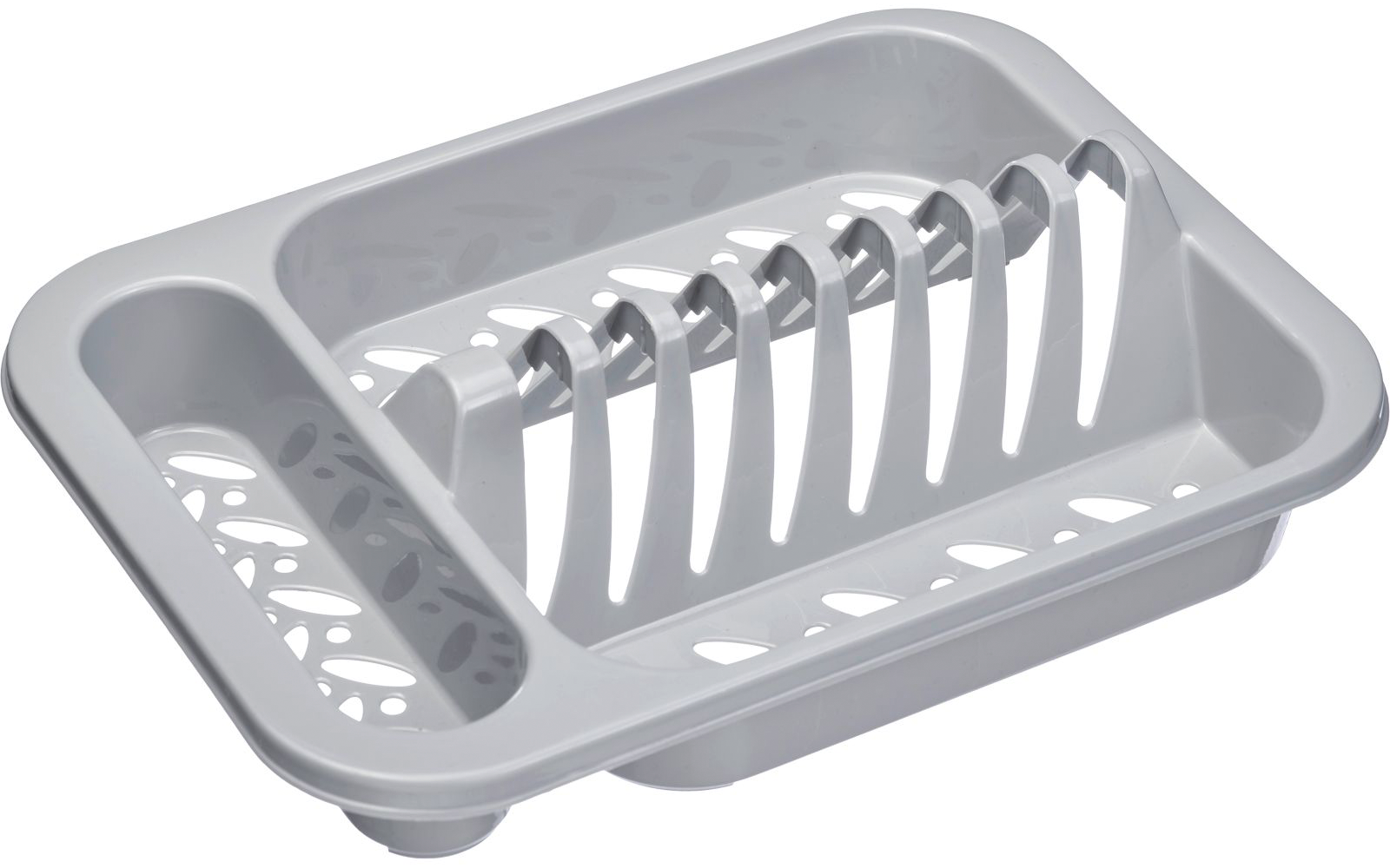 Égouttoir en plastique gris clair avec porte-couverts intégré, rangée d'emplacements pour assiettes et trous d'évacuation