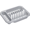 Égouttoir en plastique gris clair avec porte-couverts intégré, rangée d'emplacements pour assiettes et trous d'évacuation