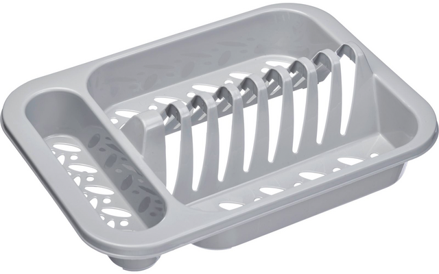Égouttoir en plastique gris clair avec porte-couverts intégré, rangée d'emplacements pour assiettes et trous d'évacuation