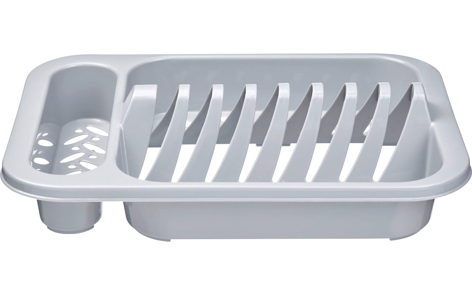 Objet en plastique blanc avec plusieurs fentes verticales, un compartiment latéral perforé et un bac peu profond