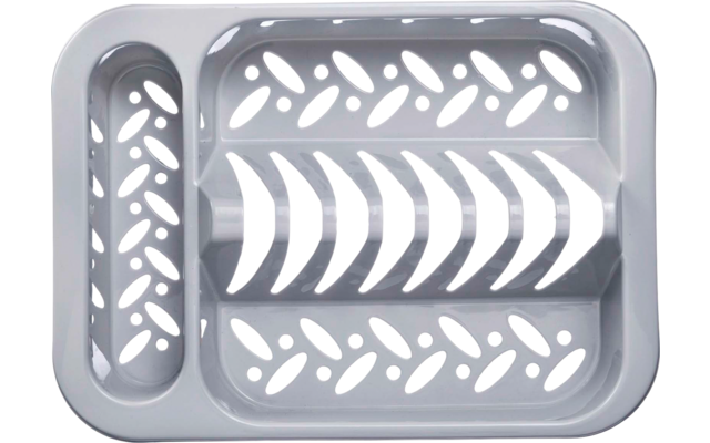 Plateau rectangulaire en plastique gris avec deux compartiments et des ouvertures en forme de feuille