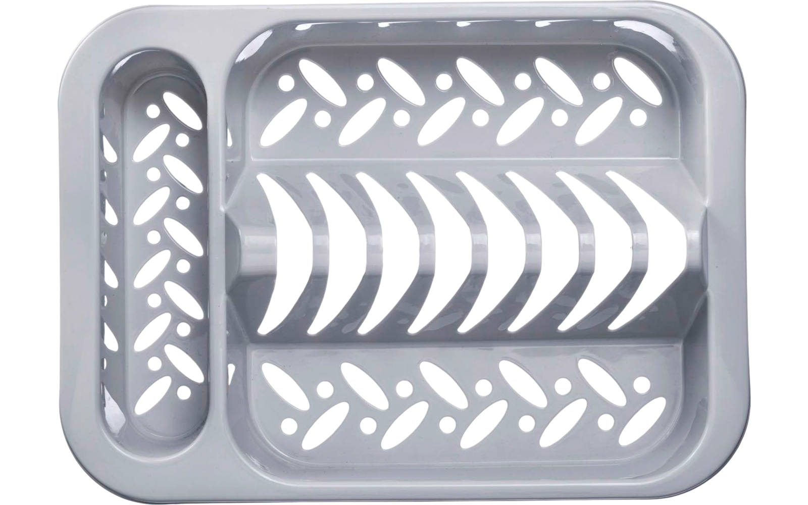 Plateau rectangulaire en plastique gris avec deux compartiments et des ouvertures en forme de feuille