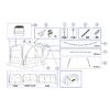 Black-and-white assembly diagram of a freestanding tent with window panels; surrounding it are numbered detail drawings of parts such as pegs, poles, clips, ropes and a carrying bag with listed quantities and diameters