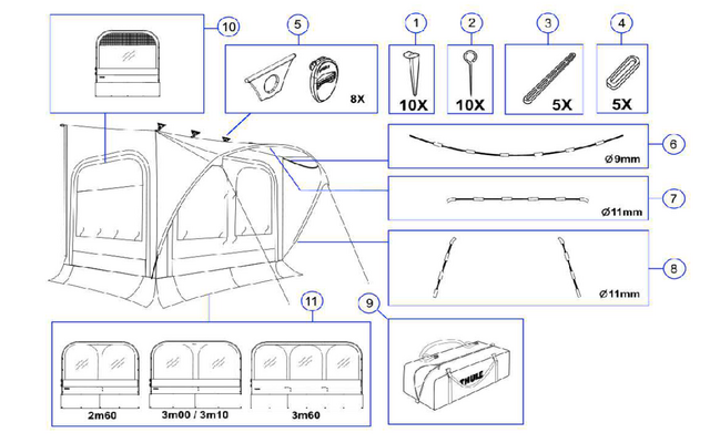 Black-and-white assembly diagram of a freestanding tent with window panels; surrounding it are numbered detail drawings of parts such as pegs, poles, clips, ropes and a carrying bag with listed quantities and diameters