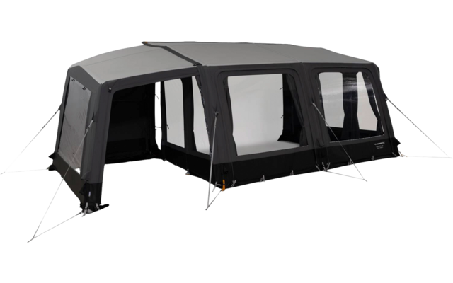 Tenda grande grigia e nera con diverse finestre rettangolari, due ingressi aperti e tiranti tesi