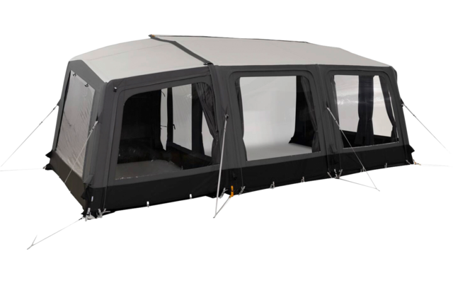 Tenda grigia e nera montata con più finestre rettangolari, tiranti e struttura