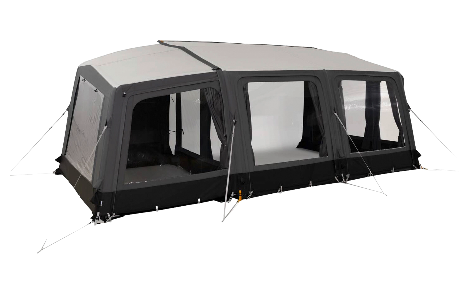 Tenda grigia e nera montata con più finestre rettangolari, tiranti e struttura