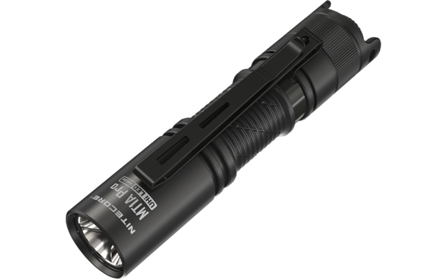 Schwarze kompakte Taschenlampe mit Metallclip, geriffeltem Griff und sichtbarer LED-Linse