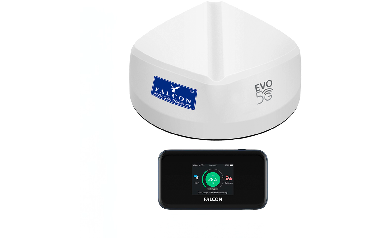 Weißes dreieckiges Gerät mit Falcon-Logo und EVO 5G Schriftzug, darunter ein schwarzes rechteckiges Display mit farbigem Bildschirm und Falcon-Schriftzug