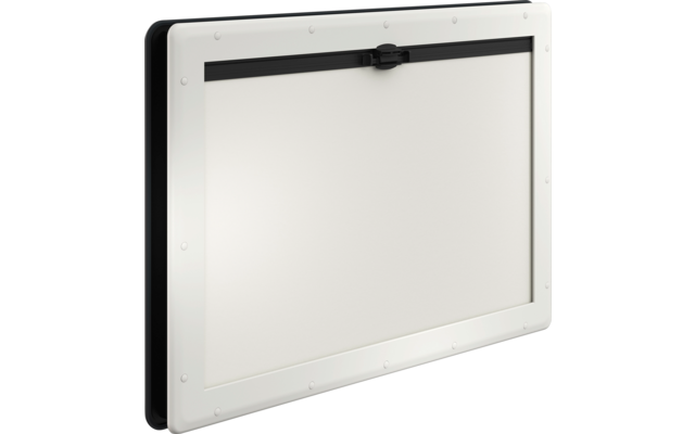 Rechteckiges weißes Paneel mit schwarzem Rahmen, schwarzem Verschluss oben und Nieten entlang der Kante