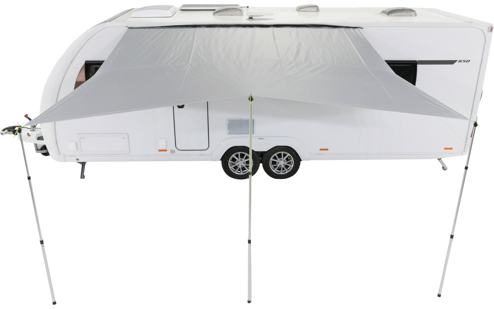 White caravan with two axles and a stretched gray canopy supported by three vertical poles, on a white background