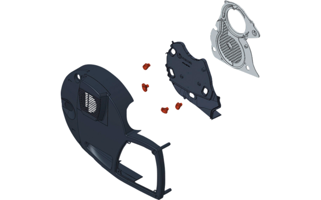 Mehrere Geräteteile: links ein dunkles halbrundes Kunststoffgehäuse, rechts zwei getrennte Abdeckungen (eine dunkel, eine grau mit gitterartiger Öffnung) und vier kleine rote zylindrische Teile dazwischen