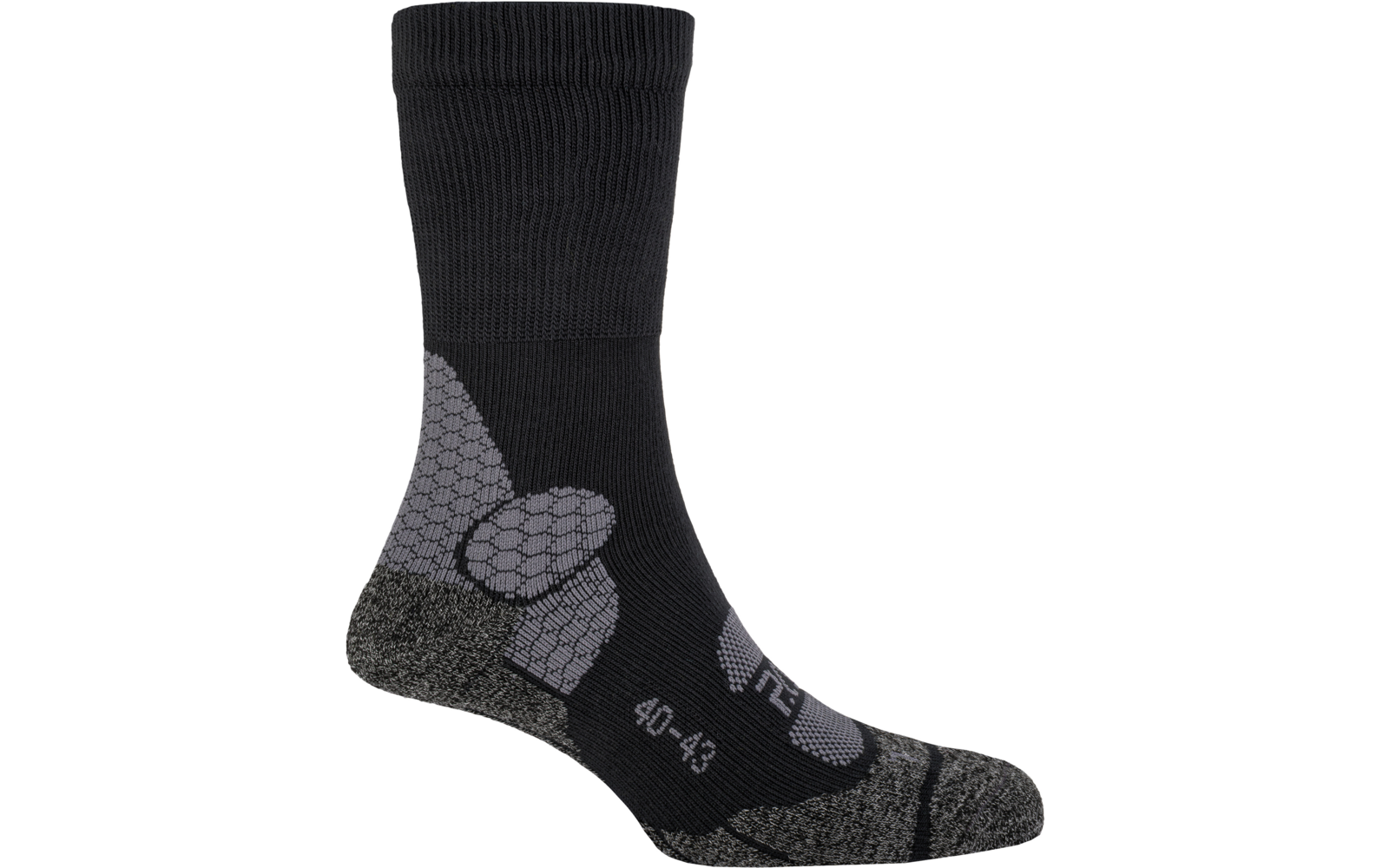 Une chaussette noire unique avec talon et bout gris, motif hexagonal gris sur le côté et indication de taille "40-43" sur le cou-de-pied, sur fond blanc