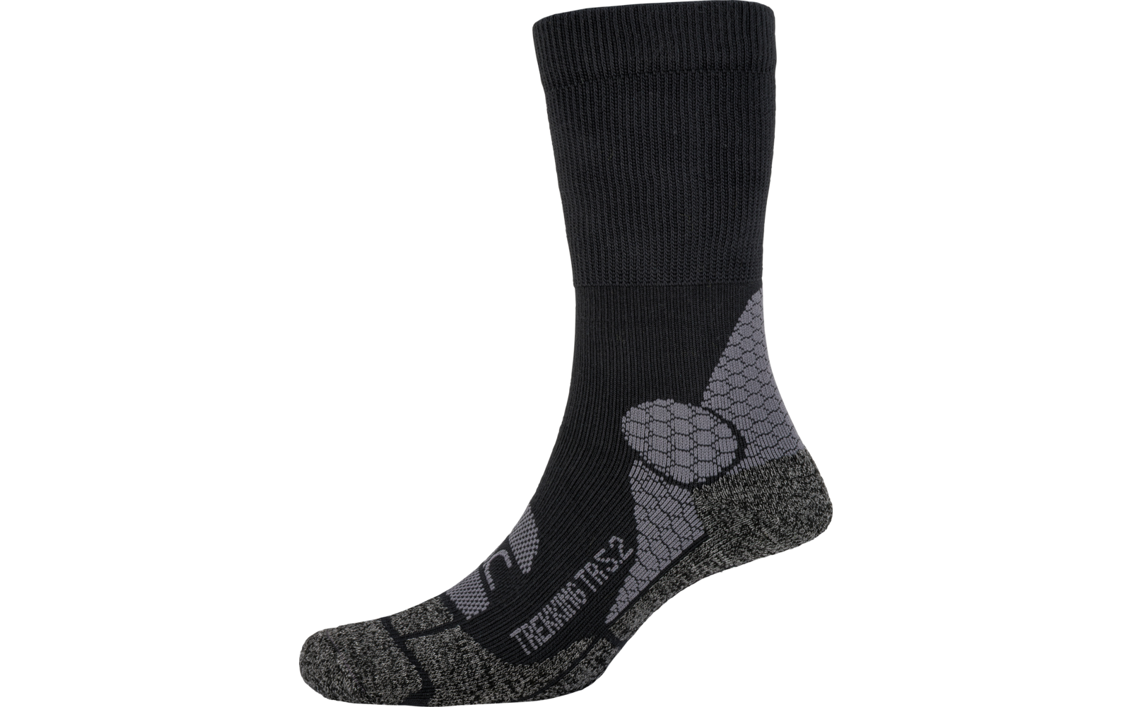 Une chaussette noire isolée avec talon et orteils gris, motif nid d'abeille gris à la cheville et texte blanc "TREKKING TFS-2" sur le dessus du pied