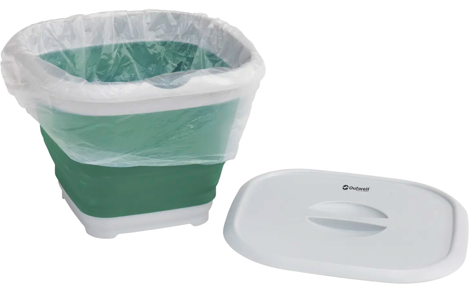 Groene plastic bak met witte rand en doorzichtige plastic zak, witte deksel ernaast