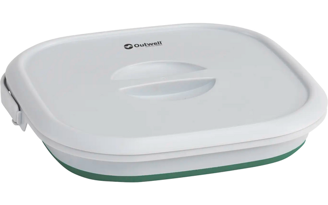 Witte vierkante plastic bak met afneembaar deksel en groene rand