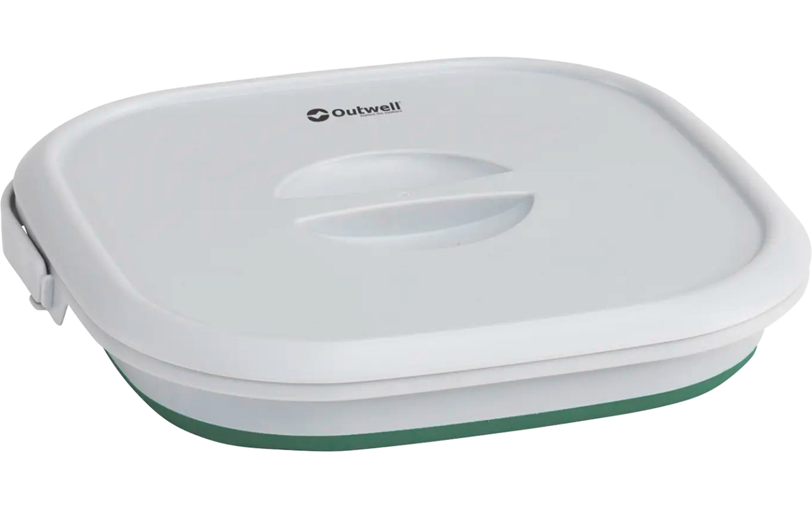 Witte vierkante plastic bak met afneembaar deksel en groene rand