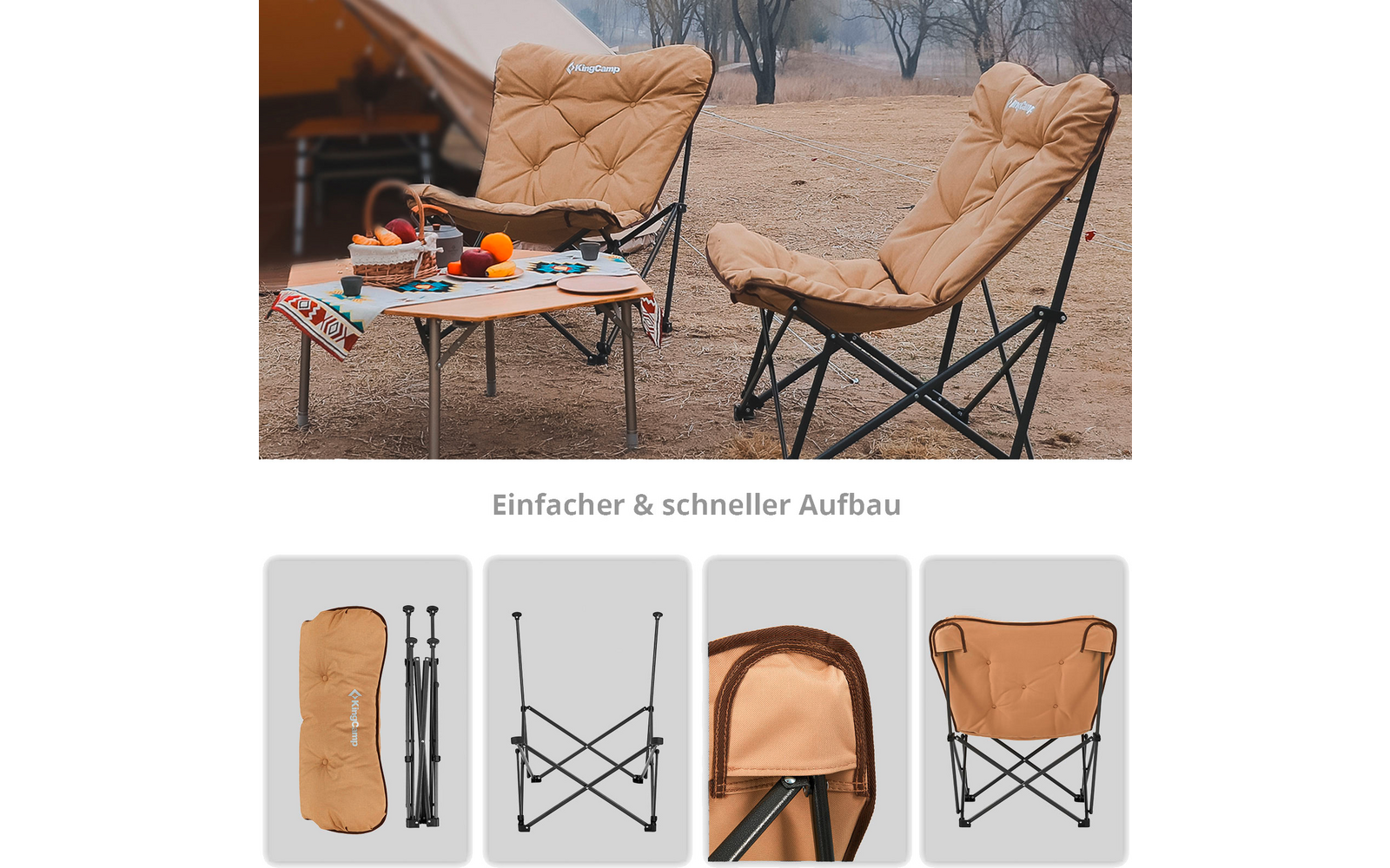 Zwei gefaltete Campingstühle mit Stoffbespannung und passenden Tragetaschen im Freien auf Rasen