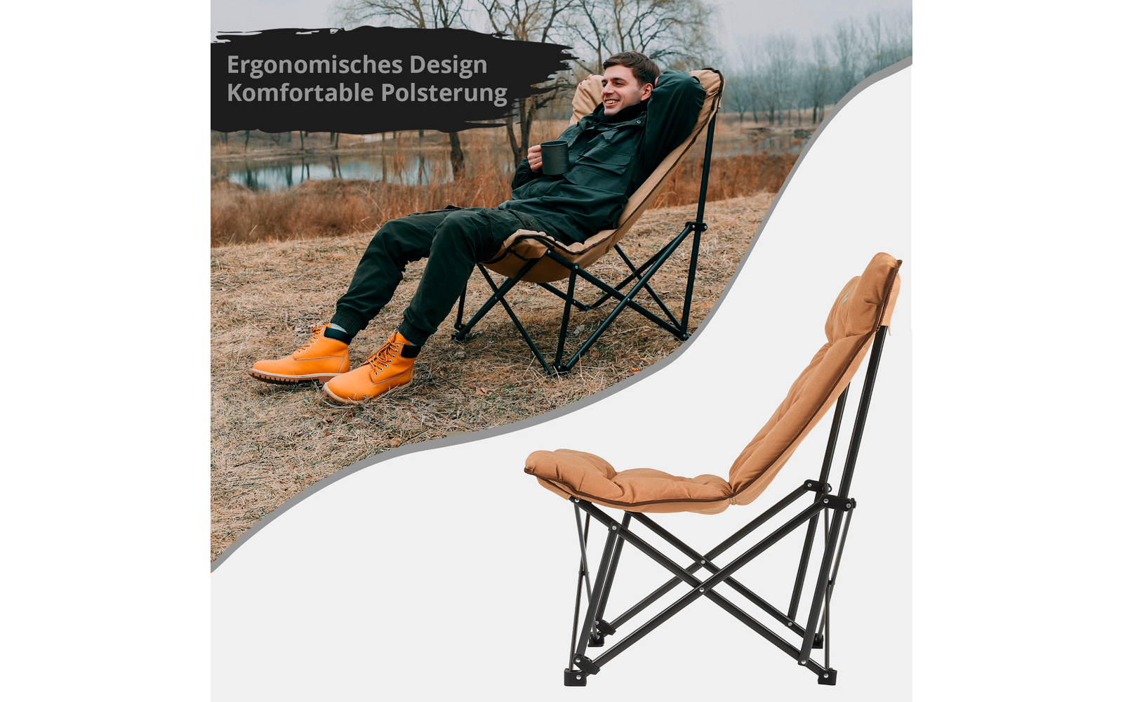Mann sitzt entspannt auf einem ergonomischen Stuhl mit braunem Sitz und schwarzem Gestell im Freien