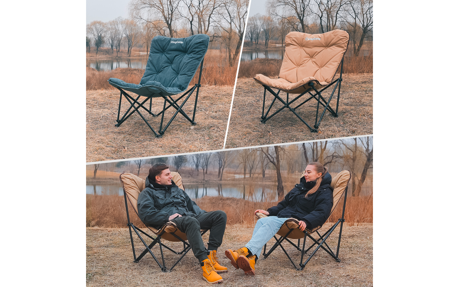 Zwei Outdoor-Stühle auf einer Wiese mit kahlen Bäumen im Hintergrund. Männer sitzen jeweils auf einem Stuhl