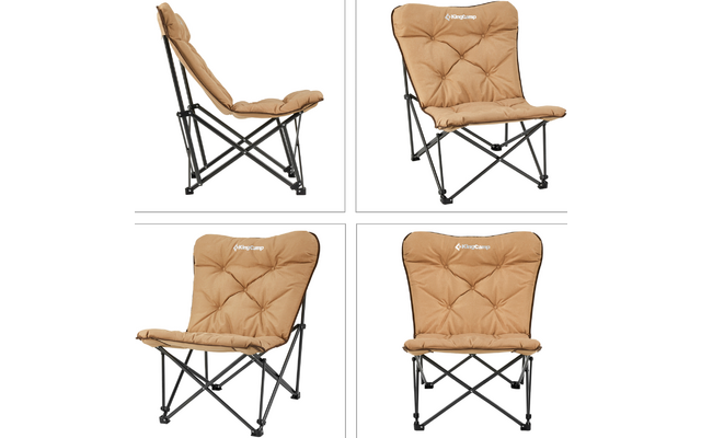 Vier beige Klappstühle mit Metallgestell, zwei Ansicht von vorne, zwei von der Seite