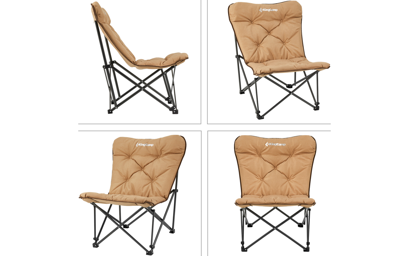 Vier beige Klappstühle mit Metallgestell, zwei Ansicht von vorne, zwei von der Seite