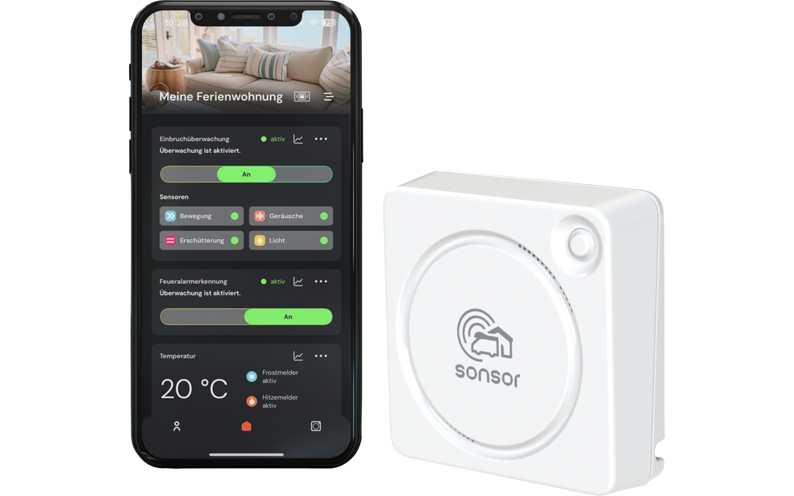 Smartphone affichant un écran d'application en thème sombre, photo d'un canapé en haut, textes de menu en allemand et commutateurs verts, affichage de la température '20 °C' ; à côté un appareil carré blanc avec une cavité circulaire et le texte 'sonsor'