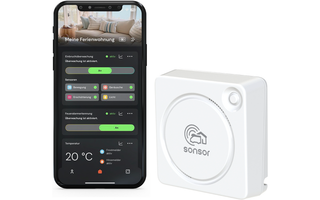 Smartphone mit geöffnetem App‑Bildschirm in dunklem Design, oben Foto eines Sofas, deutsche Menütexte und grüne Kippschalter, Temperaturanzeige '20 °C'; daneben weißes quadratisches Gerät mit runder Vertiefung und dem Schriftzug 'sonsor'