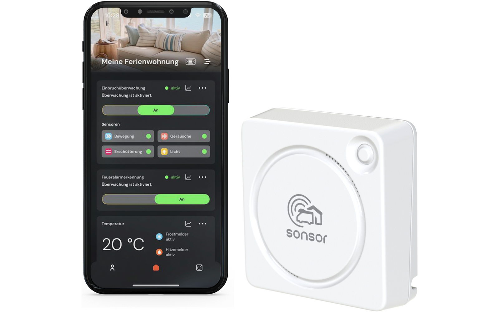 Smartphone mit geöffnetem App‑Bildschirm in dunklem Design, oben Foto eines Sofas, deutsche Menütexte und grüne Kippschalter, Temperaturanzeige '20 °C'; daneben weißes quadratisches Gerät mit runder Vertiefung und dem Schriftzug 'sonsor'