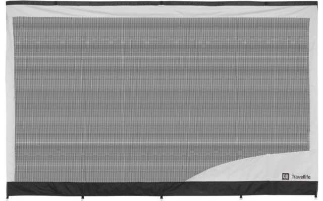 Store pare-soleil gris avec motif à maille fine, triangle blanc avec texte noir en bas à droite
