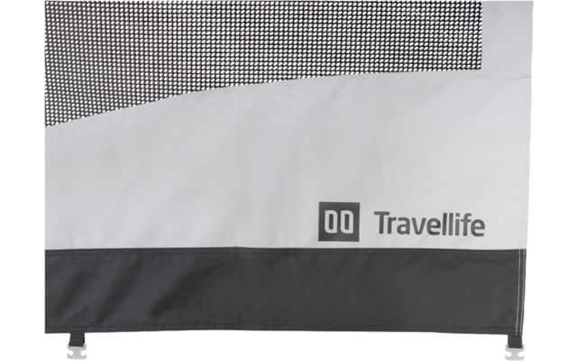 Drapeau avec le logo Travellite blanc et gris sur fond noir