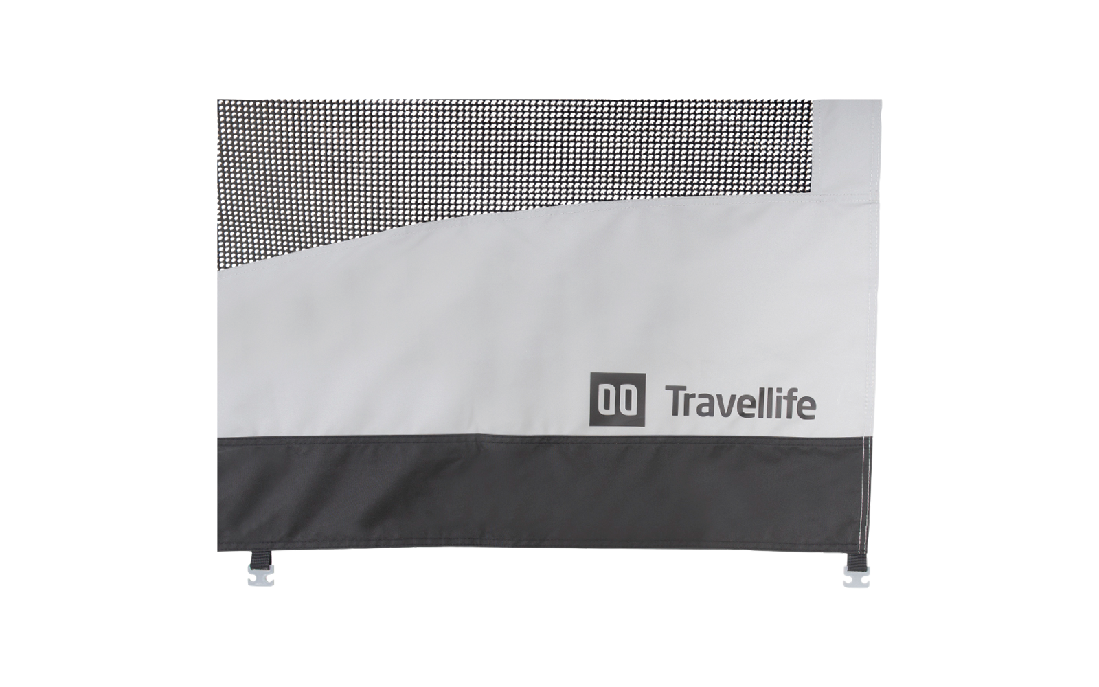 Drapeau avec le logo Travellite blanc et gris sur fond noir
