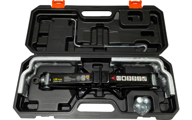 Open plastic case containing an electric hot glue gun and accessories
