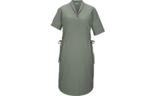 Grünes knielanges Kleid mit kurzen Ärmeln, V-Ausschnitt mit kurzer Knopfleiste (3 Knöpfe) und seitlichen Bindebändern