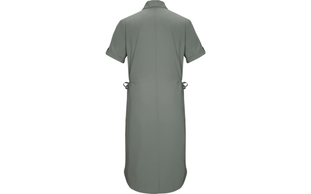 Rückenansicht eines knielangen, einfarbigen grau-grünen Hemdkleids mit Kragen, kurzen aufgekrempelten Ärmeln, zentraler Rückennaht und seitlichen Taillenbändern