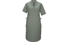 Grünes knielanges Kleid mit kurzen Ärmeln, V-Ausschnitt mit kurzer Knopfleiste (3 Knöpfe) und seitlichen Bindebändern