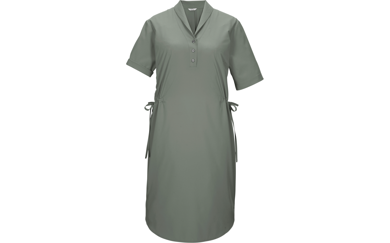 Grünes knielanges Kleid mit kurzen Ärmeln, V-Ausschnitt mit kurzer Knopfleiste (3 Knöpfe) und seitlichen Bindebändern