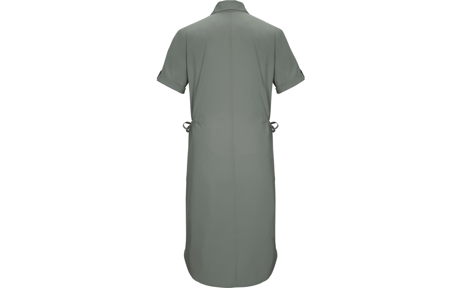 Rückenansicht eines knielangen, einfarbigen grau-grünen Hemdkleids mit Kragen, kurzen aufgekrempelten Ärmeln, zentraler Rückennaht und seitlichen Taillenbändern