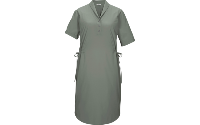 Vestido verde hasta la rodilla con mangas cortas, escote en V con tapeta de tres botones y lazos laterales