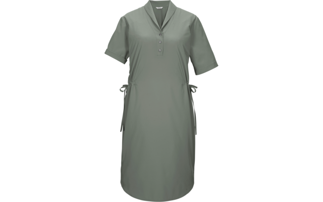 Grünes knielanges Kleid mit kurzen Ärmeln, V-Ausschnitt mit kurzer Knopfleiste (3 Knöpfe) und seitlichen Bindebändern