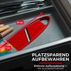 Tiroir de cuisine gris avec couverts en haut à gauche, râpe rouge avec flèches de mesure 23 cm et 7 cm, ustensiles colorés à gauche, texte blanc superposé PLATZSPAREND AUFBEWAHREN et sous-titre Einfache Aufbewahrung in der Küchenschublade