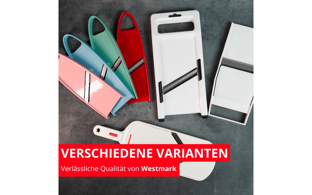 Plusieurs mandolines/rape-légumes rose, turquoise, vert, rouge et blanc sur un fond sombre ; bannière rouge avec texte blanc VERSCHIEDENE VARIANTEN et Verlässliche Qualität von Westmark