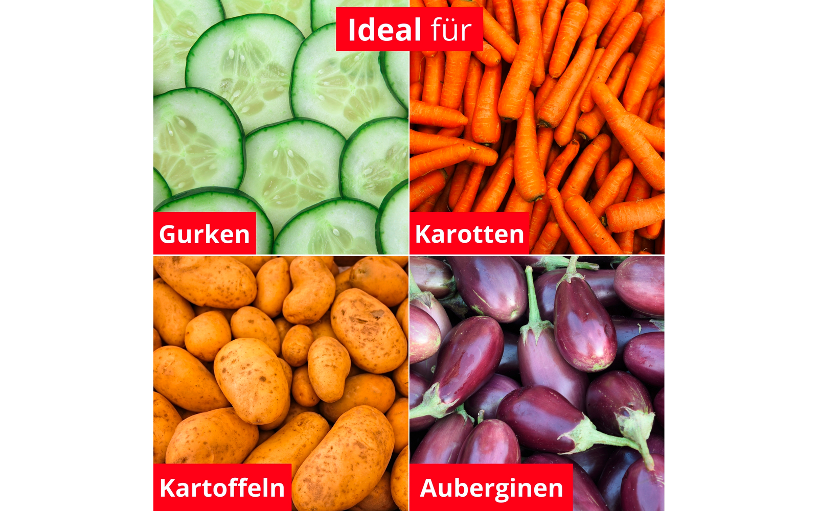 Collage en quatre parties : en haut à gauche tranches de concombre, en haut à droite carottes, en bas à gauche pommes de terre, en bas à droite aubergines ; étiquettes rouges avec texte blanc 'Ideal für', 'Gurken', 'Karotten', 'Kartoffeln', 'Auberginen'