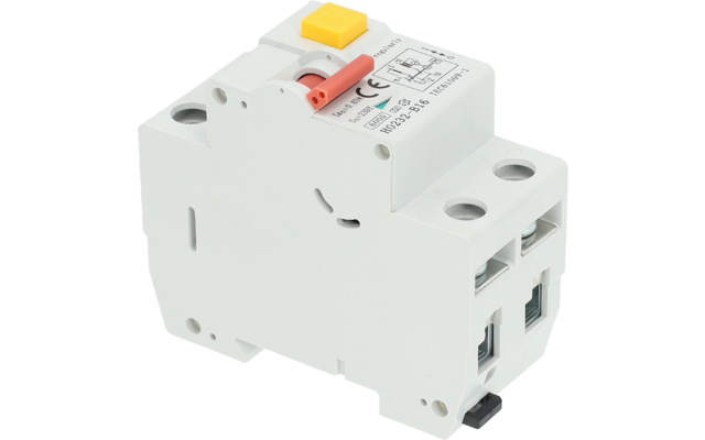Boîtier rectangulaire en plastique blanc avec un bouton carré jaune sur le dessus, un levier rouge, des inscriptions et chiffres imprimés, deux ouvertures rondes sur le dessus et des passages de connexion sur le côté droit