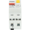 Boîtier électrique blanc bipolaire avec bouton jaune libellé "Test regularly", levier orange, deux ouvertures de bornes rondes et marquages imprimés