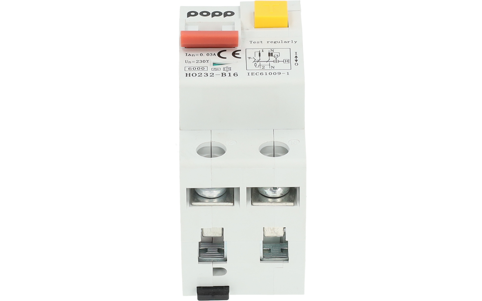 Boîtier électrique blanc bipolaire avec bouton jaune libellé "Test regularly", levier orange, deux ouvertures de bornes rondes et marquages imprimés