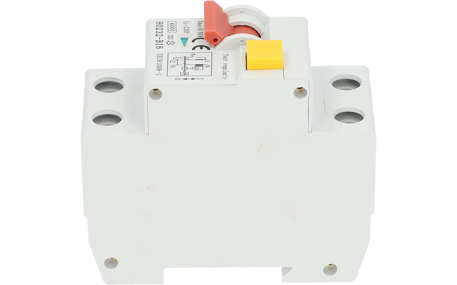 Boîtier rectangulaire en plastique blanc avec un interrupteur rouge en haut, un bouton poussoir jaune, des symboles et un schéma imprimés et plusieurs ouvertures rondes pour connexions