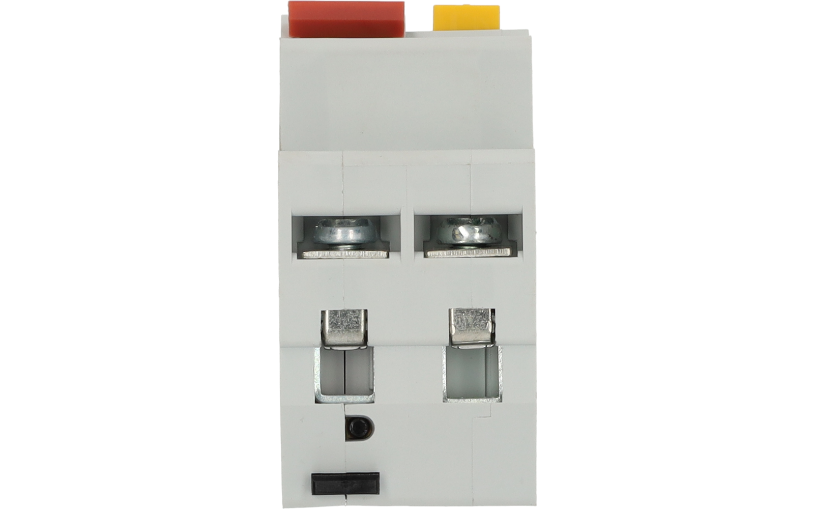 Boîtier rectangulaire en plastique blanc avec deux boutons rectangulaires colorés en haut (gauche rouge, droite jaune), deux bornes à vis métalliques visibles à l'avant, deux ouvertures rectangulaires en dessous et petites ouvertures noires en bas