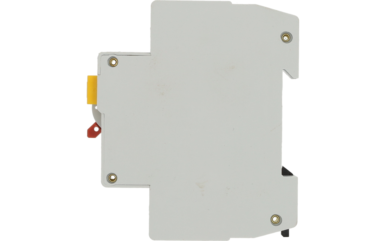 Boîtier en plastique blanc rectangulaire avec quatre vis dorées visibles, petites pièces en plastique jaune et rouge à gauche, quelques traces de saleté