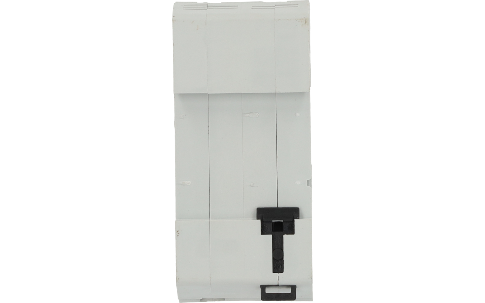 Pièce rectangulaire en plastique blanc avec trois rainures verticales, un pli horizontal au milieu et un loquet en plastique noir en forme de T en bas